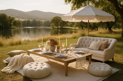 Elegant luxury pop-up picnic setup with plush seating and stylish décor in a scenic outdoor setting Elegant luxury pop-up picnic setup with plush seating and stylish décor in a scenic outdoor setting