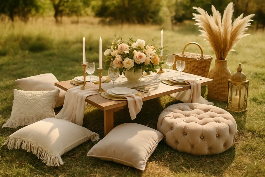 Elegant pop-up picnic setup with luxurious décor and plush seating outdoors